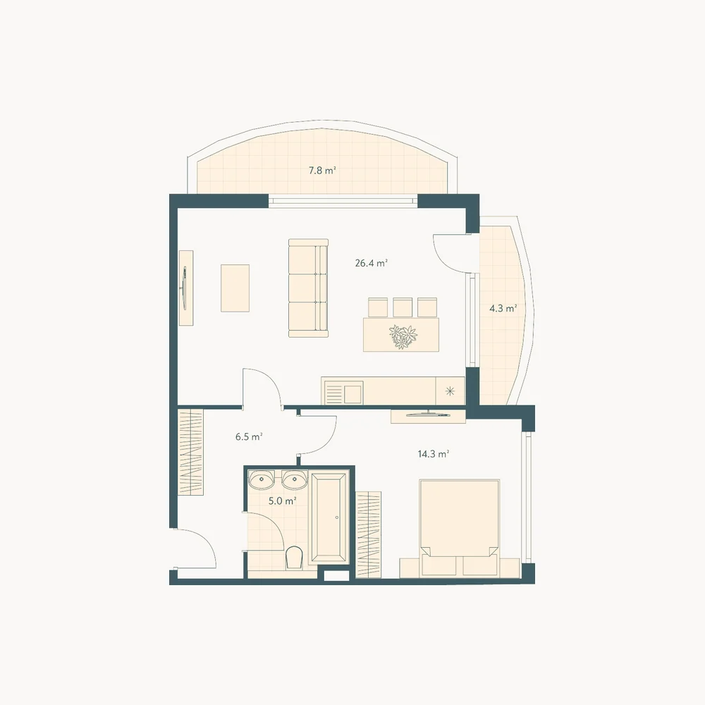 2 комнаты · кухня-гостиная 26,4 м² · терраса 7,8 м²