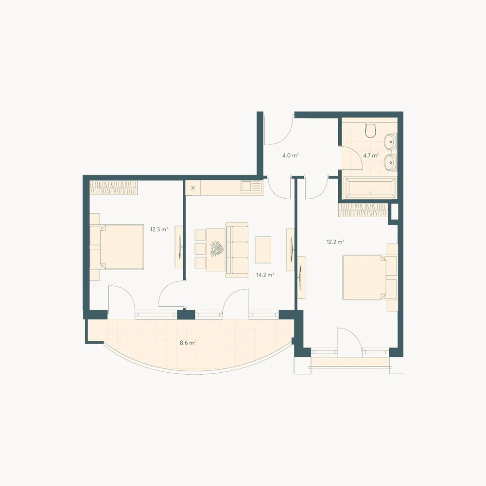 3 комнаты · две спальни 12,3 и 12,2 м² · терраса 8,6 м²