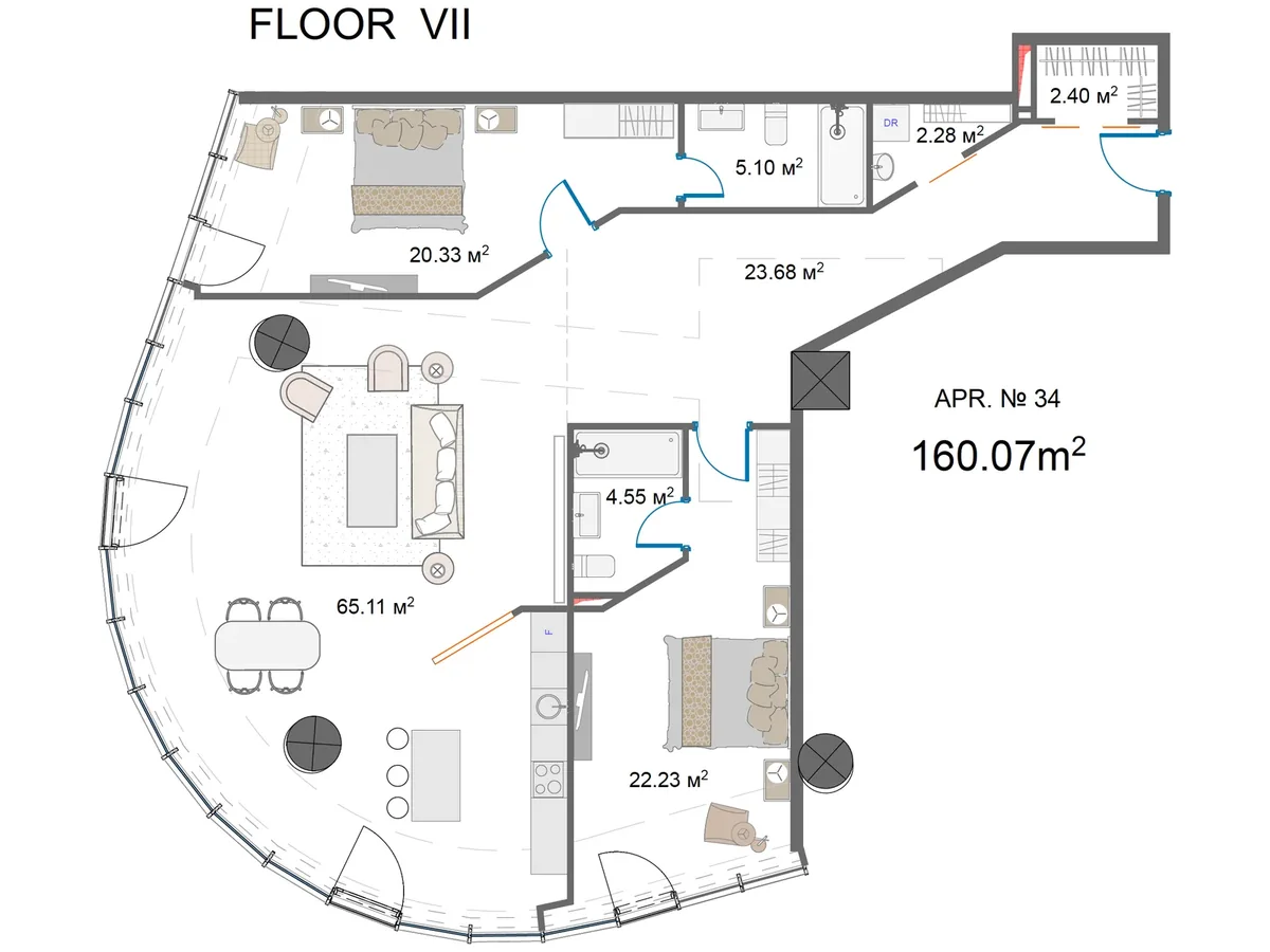 2 спальни + кабинет, 160,1 м²